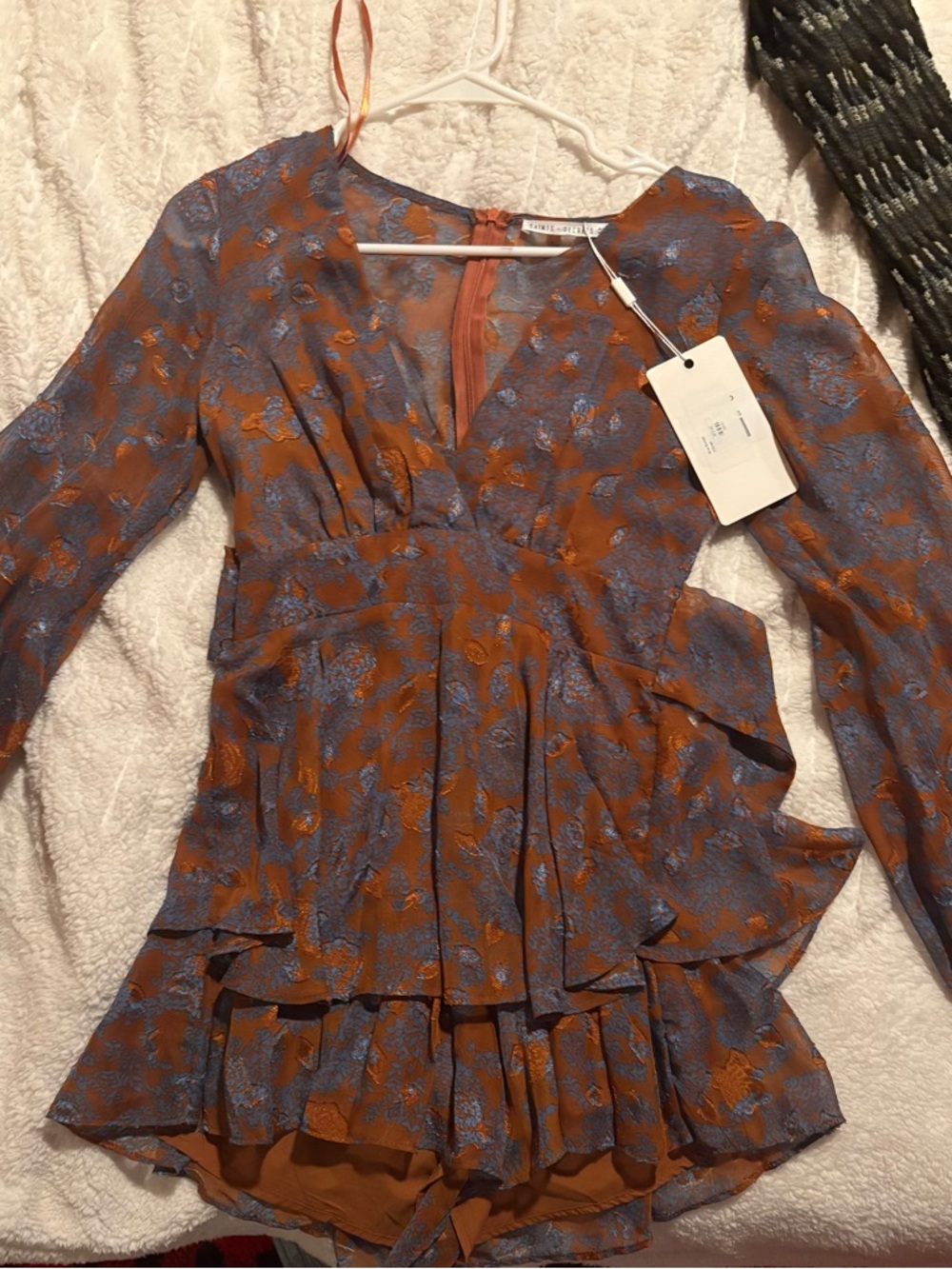 Floral V-Neck Long Sleeve Mini Dress in Rust and Lavender